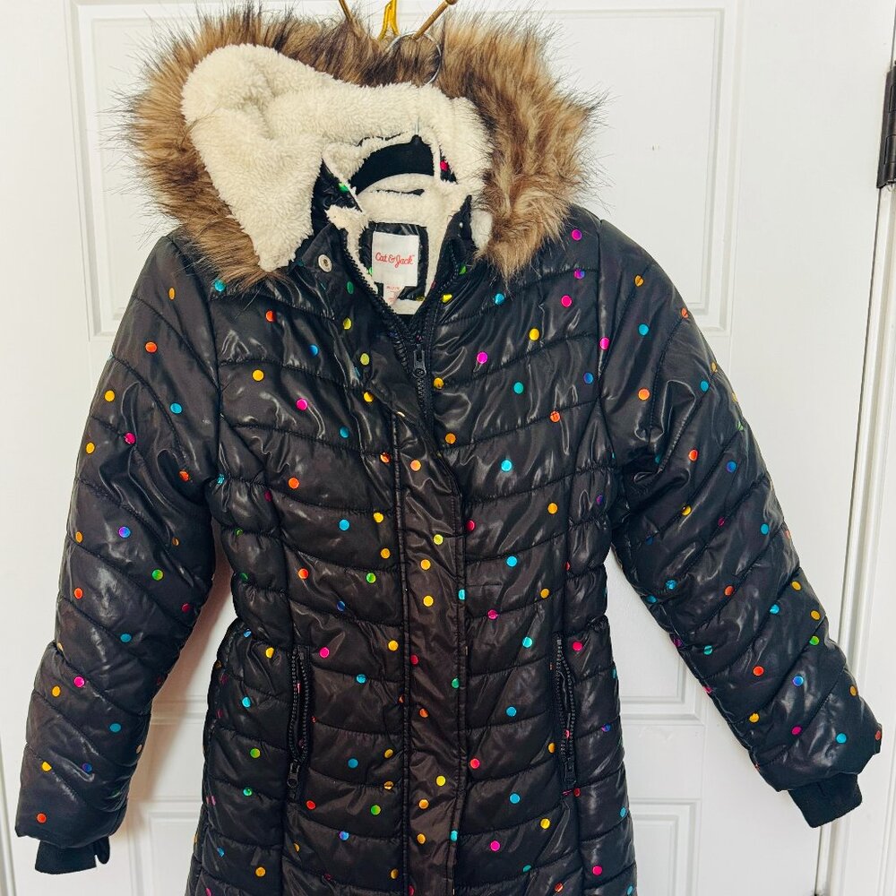 Girls Winter Puffer Jacket/Coat, Faux Fur Hood, Black - Size 7/8
